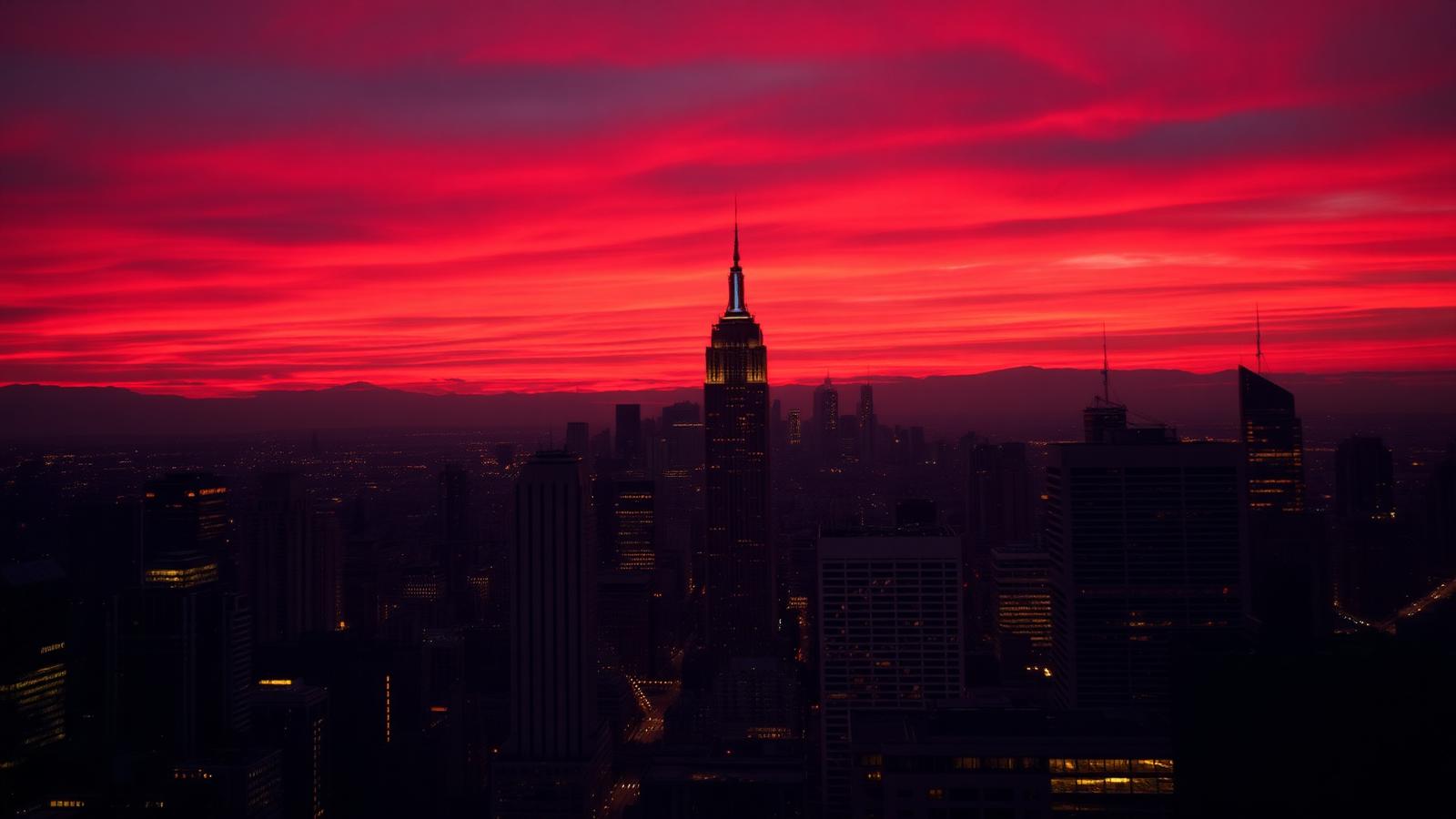 City skyline at dusk under a red sky