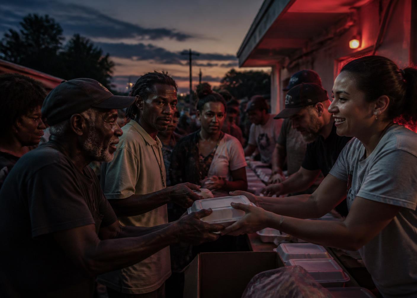 Volunteers handing out meals to a neighborhood crowd at dusk