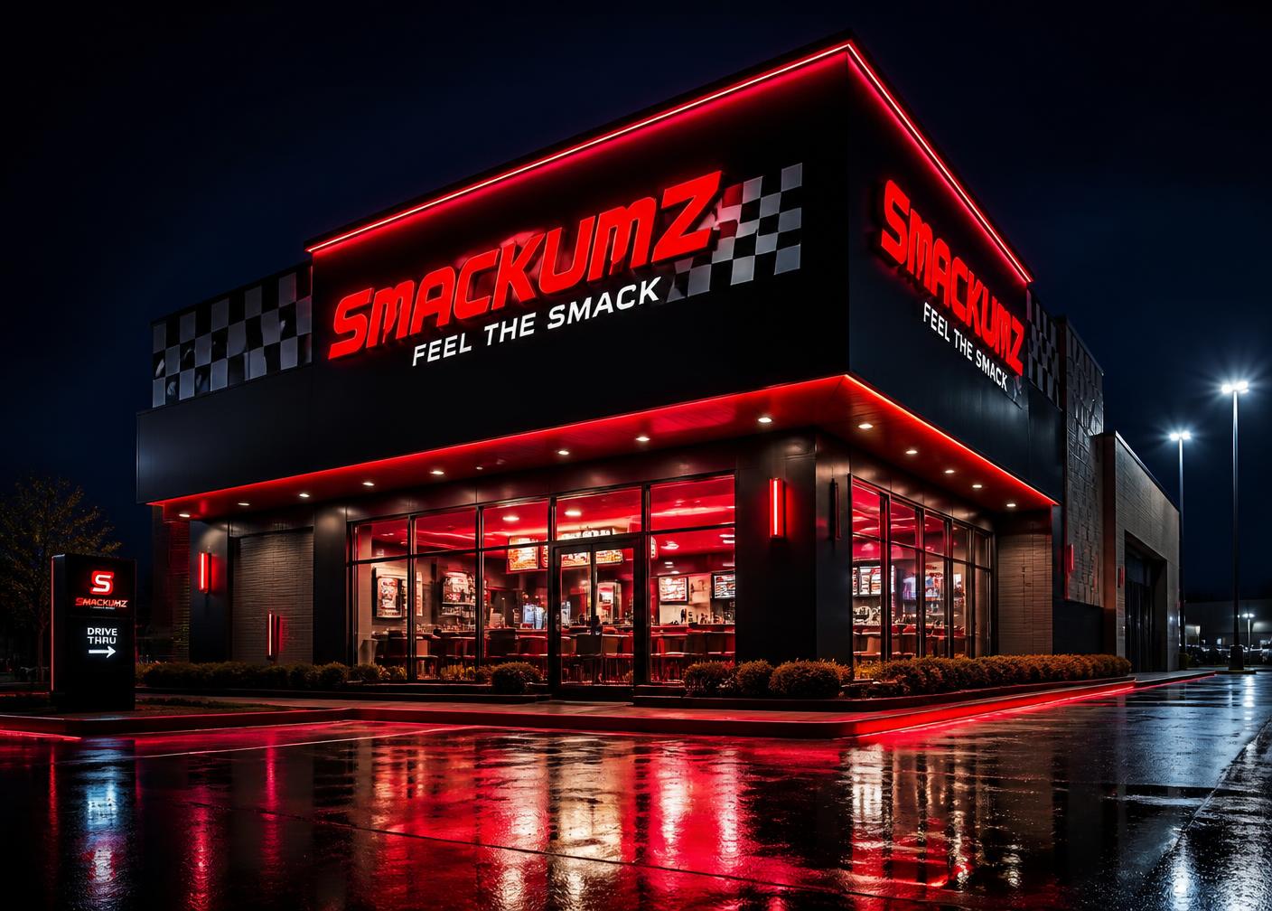 Future SMACKUMZ restaurant glowing red at night
