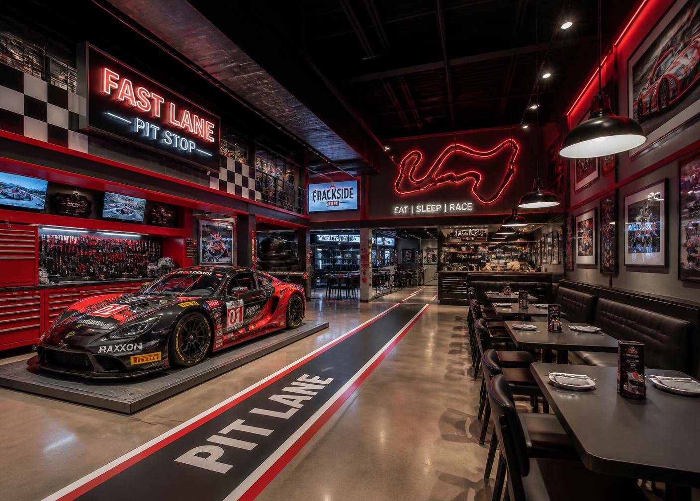 SMACKUMZ restaurant interior styled like a professional racing garage