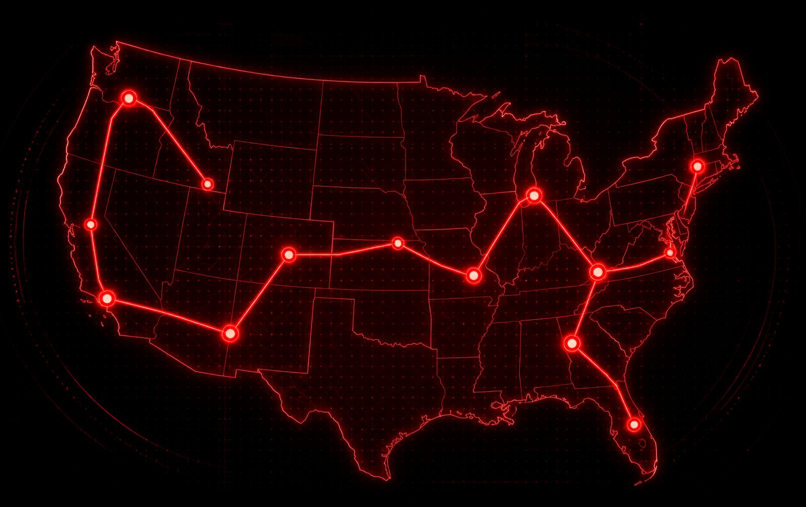 Glowing red map of the United States showing the SMACKUMZ tour route