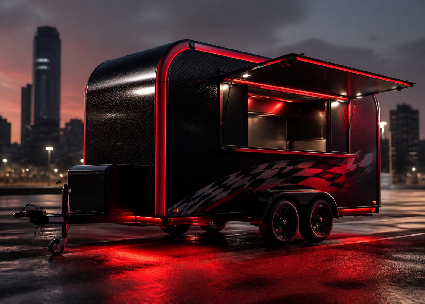 Black and red SMACKUMZ-branded food trailer at dusk